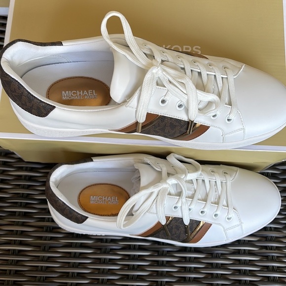 Michael Kors Poppy Stripe Lace Up Nappa Faux Leather WMNS Optic White/Brown - Picture 7 of 16